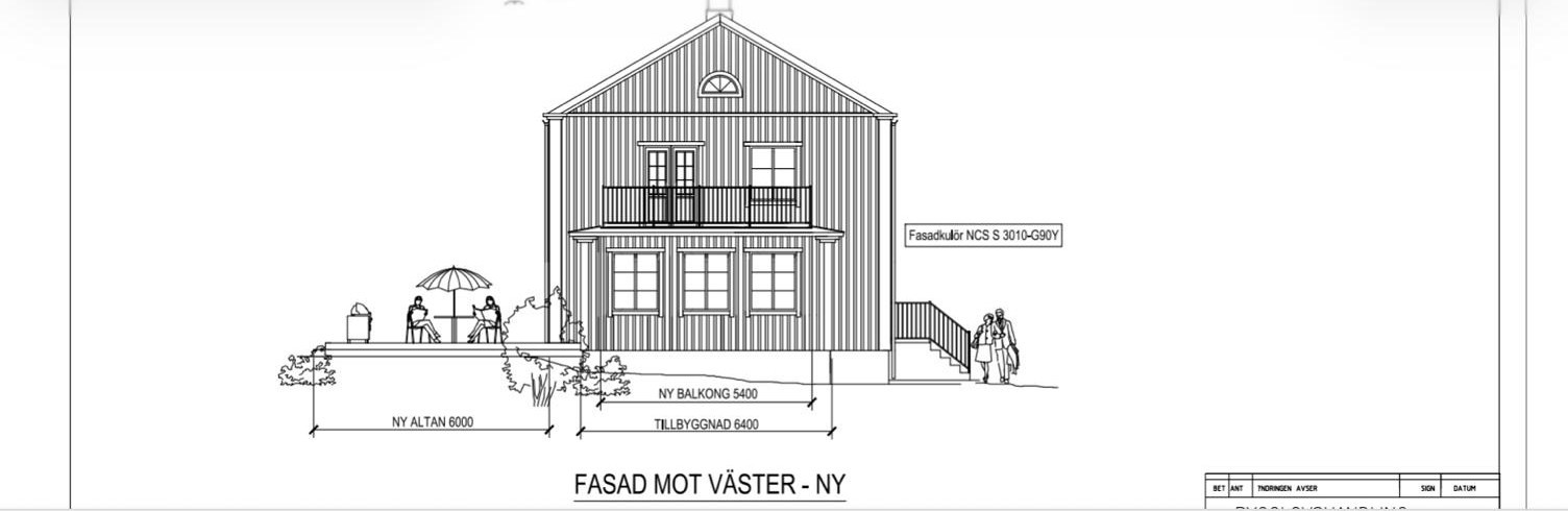 Fasadritning för tillbyggnad med ny balkong och altan